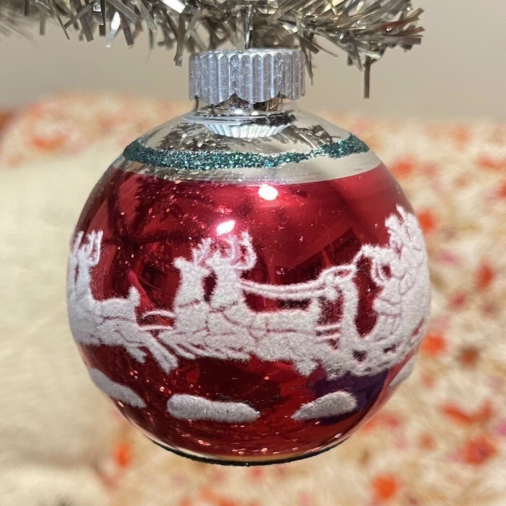 3" Radko Shiny Brite Stenciled Flocked Ornament Reindeer Sleigh Ride‎ Red Blue
